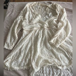 - Free people cream lace mini dress with plunge neck